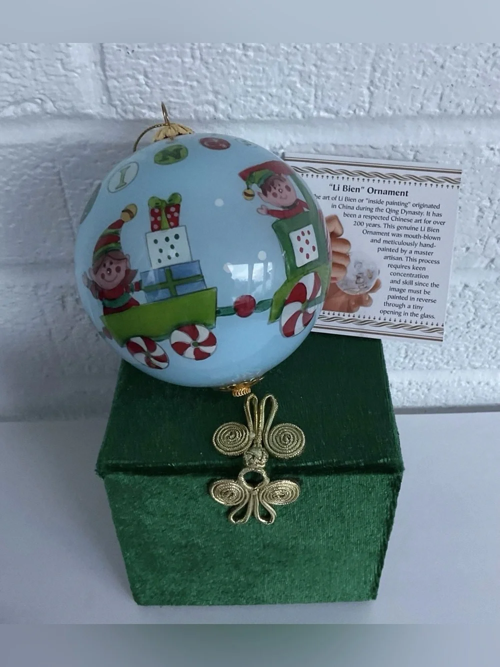 Vintage Pier 1 Li Bien Reverse Painted Glass Christmas Ornaments Set 4 Santa Elf